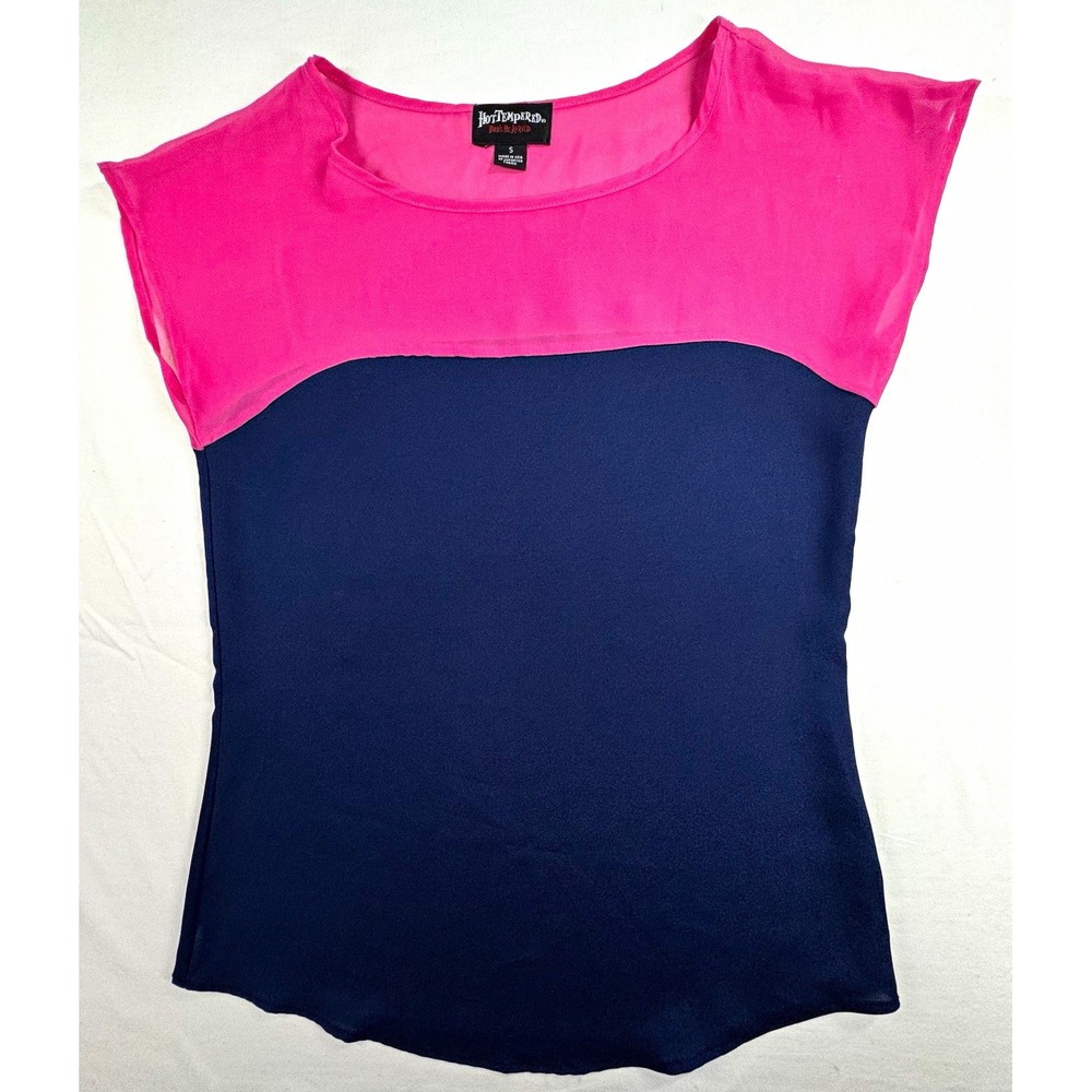 Hot Tempered Women's Pink/Blue Colorblock Sheer Chiffon Scoop Neck Blouse, S